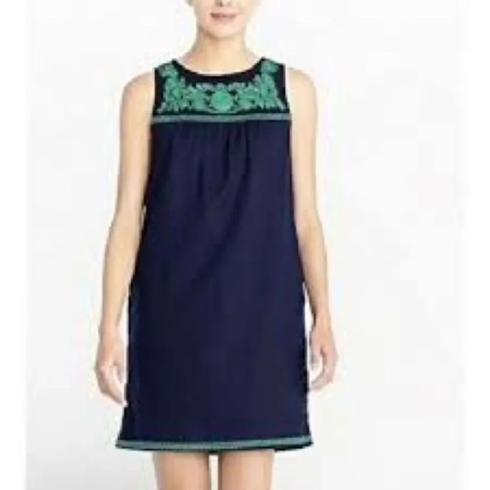 J Crew Factory Navy Blue Linen Floral Green Embroidery Sleeveless Shift Dress